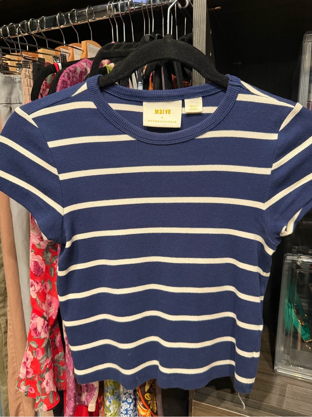 Anthropologie Maeve Navy and White Striped Short Sleeve Tee cropped